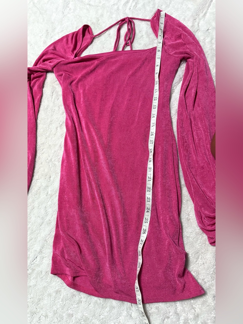 NWOT- LUCY IN THE SKY Square-Neck Long Sleeve Shimmer Mini Dress in Fuchsia Pink - Picture 10 of 11
